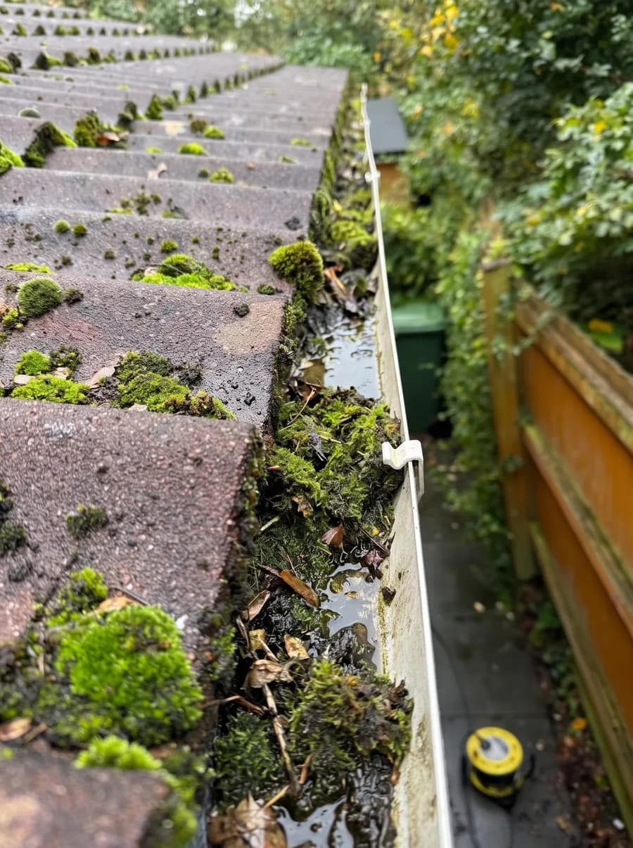Before: Gutter run packed with moss, then the same run cleared